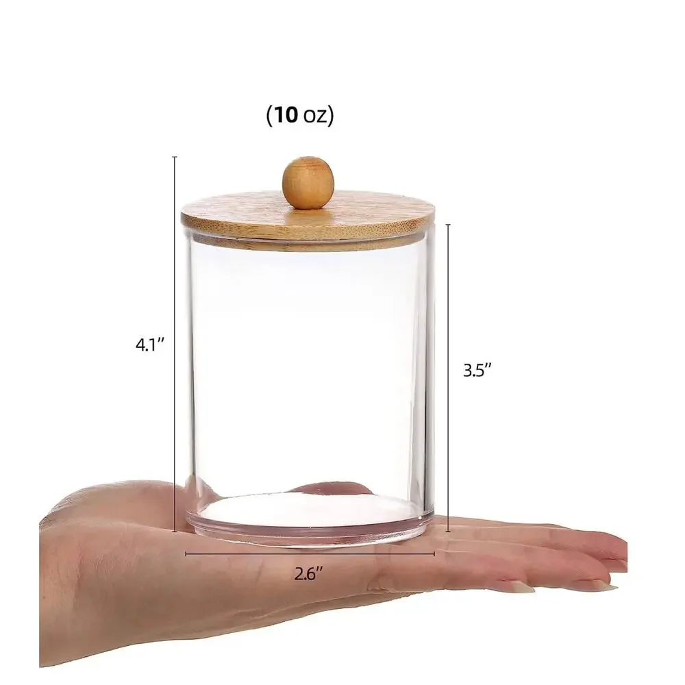 4 Pack Qtip Holder Dispenser with Bamboo Lids Clear Plastic Bathroom Storage
